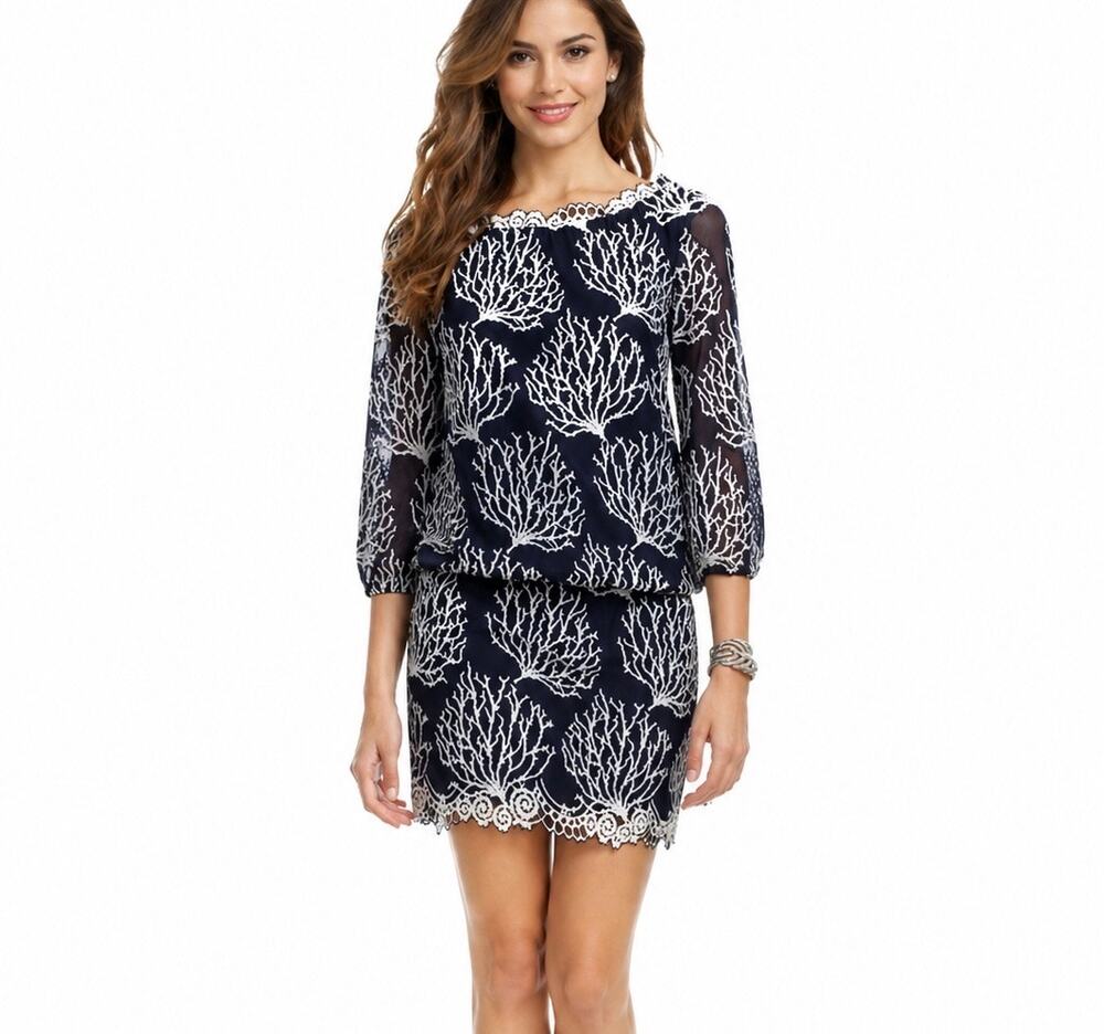 Lilly Pulitzer Navy Coral Sheer Lace Dress Coastal Resort Vacation Size 2